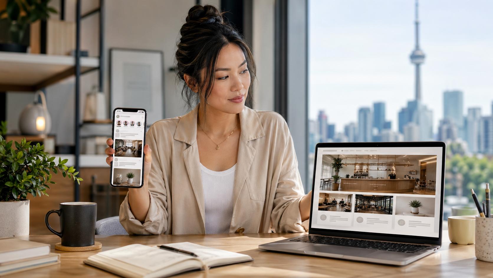 Small business owner using a Facebook business page and a professional website to reach customers.
